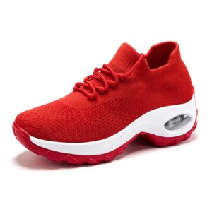 leader show women's casual walking shoes comfortable non-slip wedge sports shoes fashion platform sneakers (9, red)