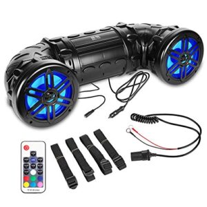 belva bps8rgb utv/atv weatherproof sound system dual 8” speakers with 1” tweeters, built-in amplifier, bluetooth, aux-in, multi color illumination, wireless remote, easy installation