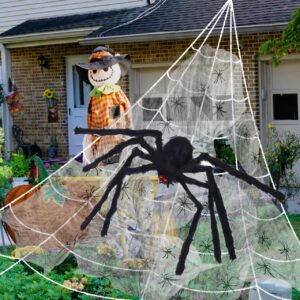 COOLJOY 200" Halloween Spider Web and 60" Giant Halloween Spider Halloween Decorations Virtual Realistic Hairy Spider Halloween Outdoor Indoor Decoration