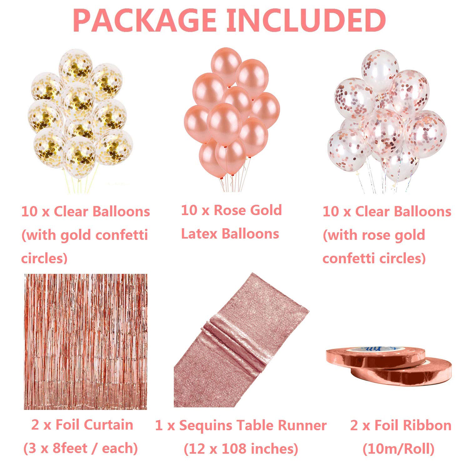 Rose Gold Balloons Party Decorations Supplies Set 35 Pack Include 30 Balloons, 2 Foil Fringe Curtains, 1 Rose Gold Sequin Table Runner, 2 Foil Ribbon for Birthday Party, Wedding,Xmas New Year Festival