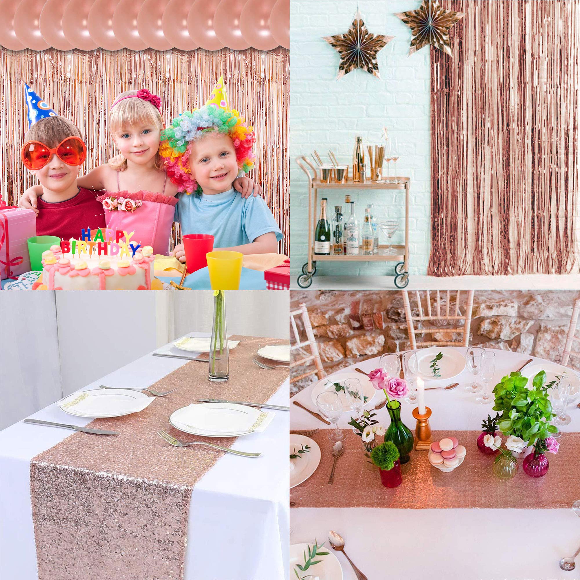 Rose Gold Balloons Party Decorations Supplies Set 35 Pack Include 30 Balloons, 2 Foil Fringe Curtains, 1 Rose Gold Sequin Table Runner, 2 Foil Ribbon for Birthday Party, Wedding,Xmas New Year Festival