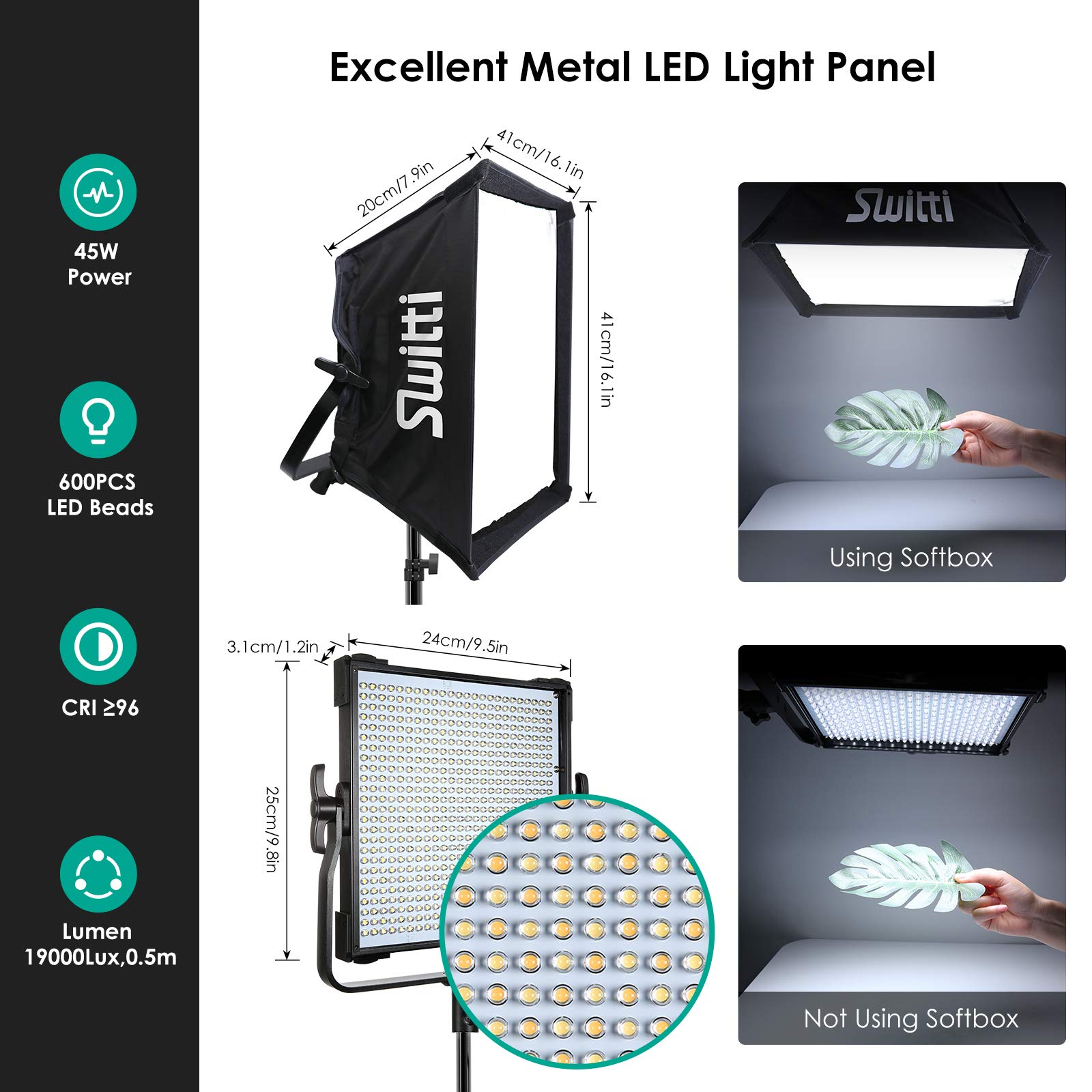 Switti LED Video Light Panel Lighting Kit, Dimmable Bi-Color Photography Lights with Softbox, LED Light Kit for Video Making, Portrait Shooting|45W/600pcs LEDs/3000K-8000K/CRI96+