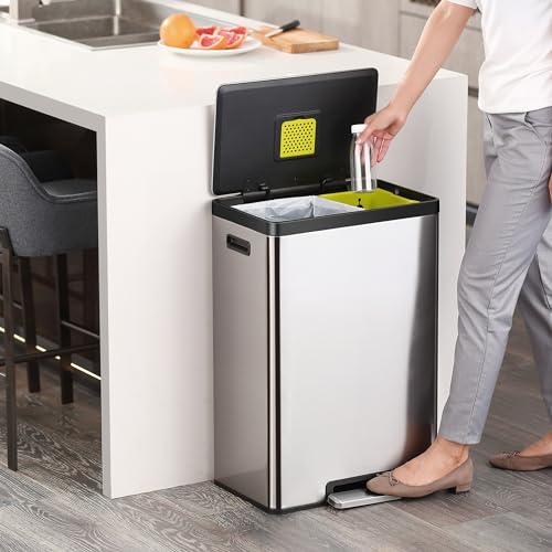 EKO EcoCasa II 36L+24L Dual Trash Can with Recycle Bin, Stainless Steel Garbage Can with Lid, Deodorizer Compartment, Odor-Proof and Fingerprint Resistant