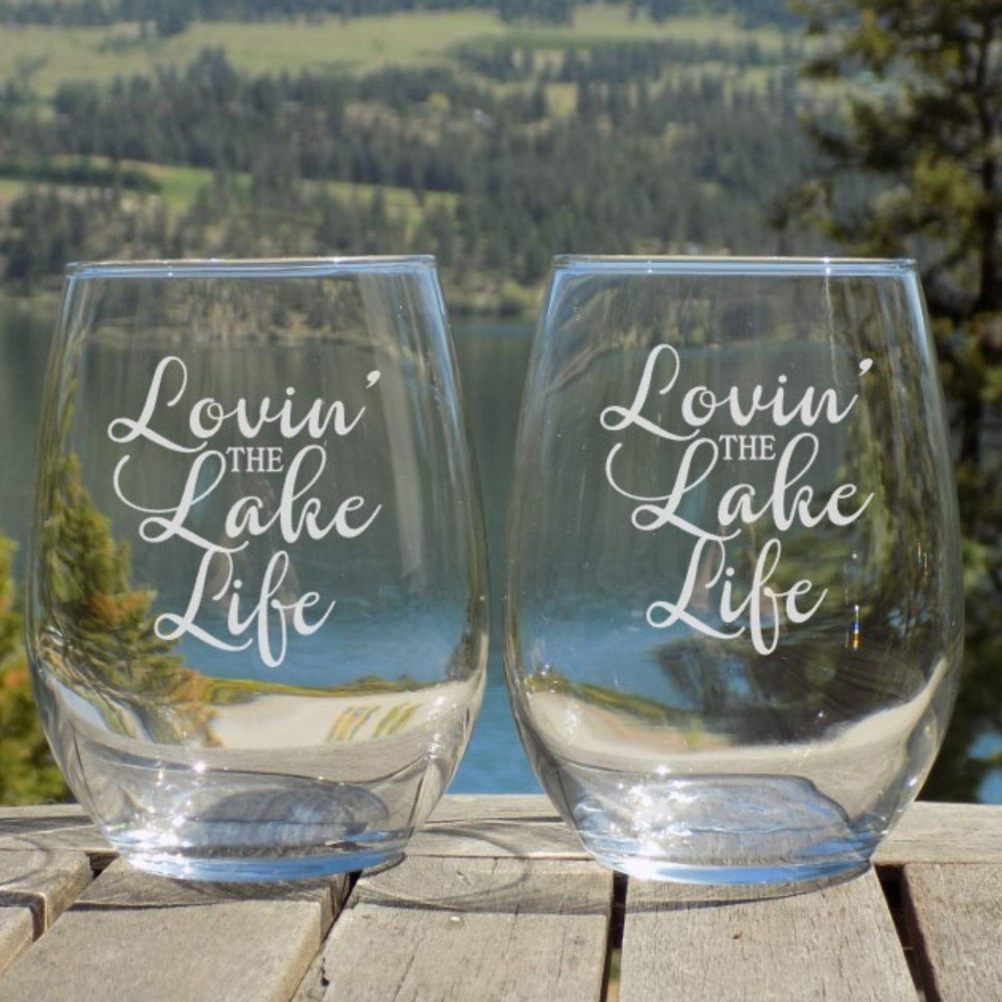 Lake House Decor, Lake Life Etched Wine Glasses Set of 2 Lake House Decorations for Home