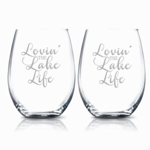 Lake House Decor, Lake Life Etched Wine Glasses Set of 2 Lake House Decorations for Home