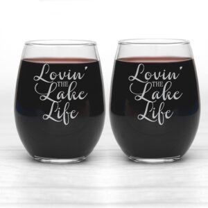 Lake House Decor, Lake Life Etched Wine Glasses Set of 2 Lake House Decorations for Home