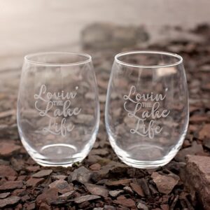 Lake House Decor, Lake Life Etched Wine Glasses Set of 2 Lake House Decorations for Home