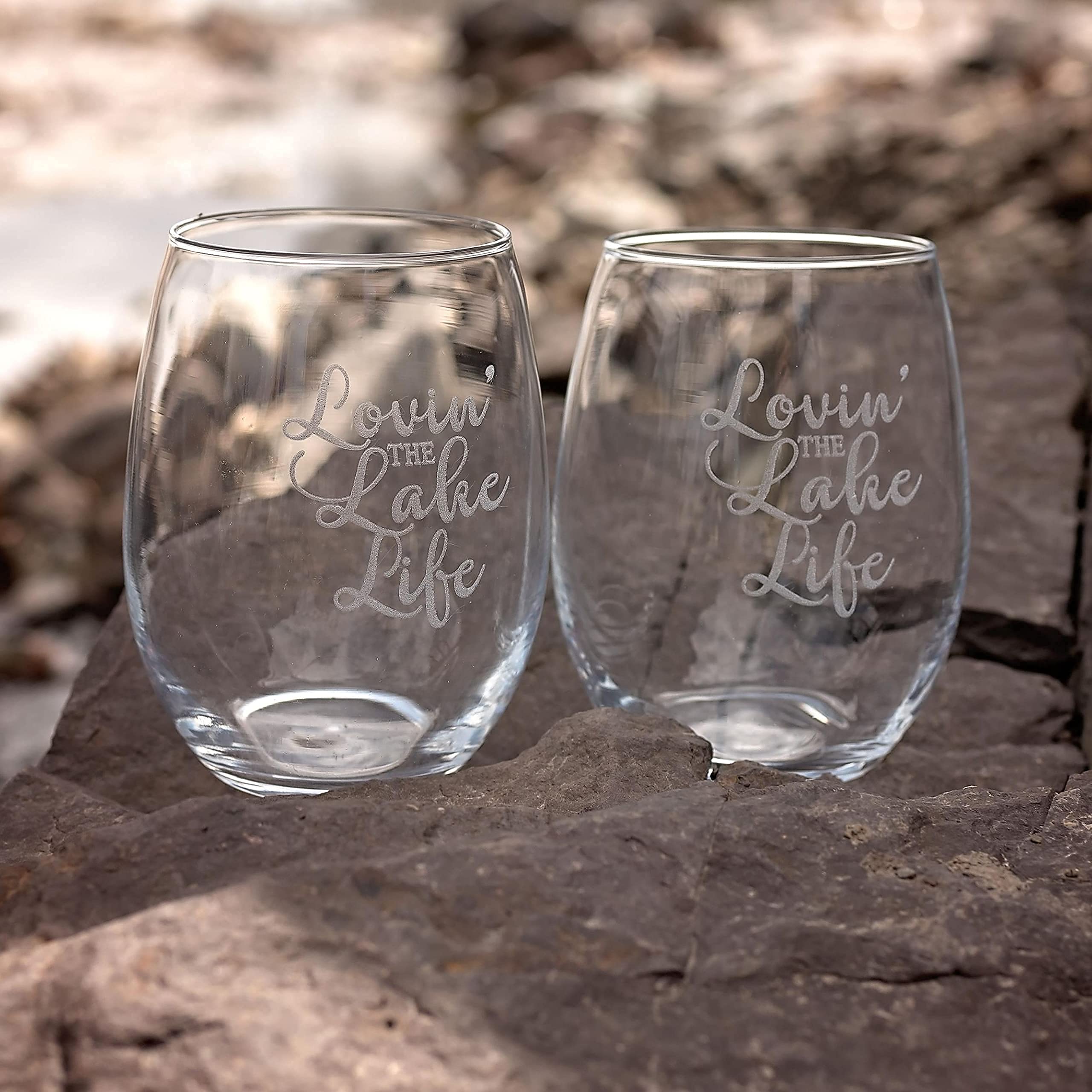 Lake House Decor, Lake Life Etched Wine Glasses Set of 2 Lake House Decorations for Home