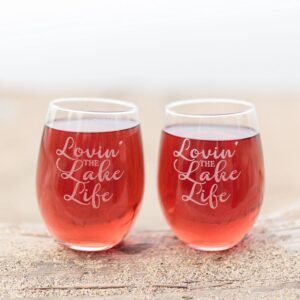 Lake House Decor, Lake Life Etched Wine Glasses Set of 2 Lake House Decorations for Home