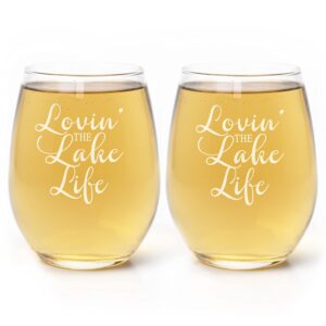 Lake House Decor, Lake Life Etched Wine Glasses Set of 2 Lake House Decorations for Home