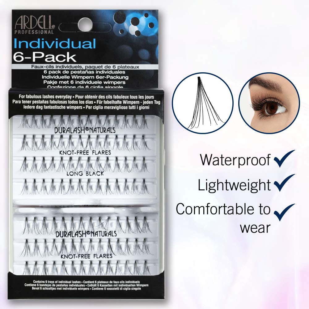 Ardell False Eyelashes Knot-Free Individuals Long Black, 6-Pack (contains 6 packs of lash trays with 56 Individual Lashes each)