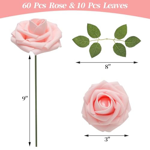 DerBlue 60pcs Artificial Roses Flowers Real Looking Fake Roses Artificial Foam Roses Decoration DIY for Wedding,Arrangements Party Home Decorations