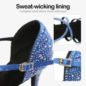 SWDZM Women's Rhinestone Dance Shoes Ballroom Latin Salsa Performance Practice Dancing Shoes,L377,Blue,Heel 3'',US 6.5