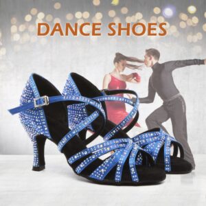 SWDZM Women's Rhinestone Dance Shoes Ballroom Latin Salsa Performance Practice Dancing Shoes,L377,Blue,Heel 3'',US 6.5