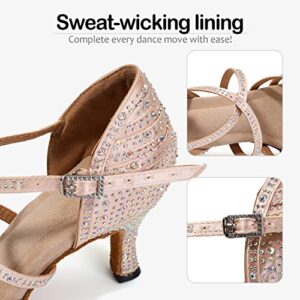 SWDZM Women's Rhinestone Dance Shoes Ballroom Latin Salsa Performance Practice Dancing Shoes,L377,Pink,Heel 3'',US 8.5