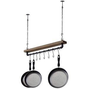 mygift ceiling or wall mounted pot rack with rustic brown solid wood shelf and industrial matte black metal pipe, hanging cookware utensils organizer with 8 s-hooks