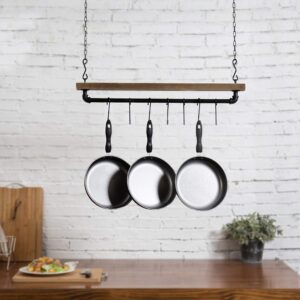 MyGift Ceiling or Wall Mounted Pot Rack with Rustic Brown Solid Wood Shelf and Industrial Matte Black Metal Pipe, Hanging Cookware Utensils Organizer with 8 S-Hooks