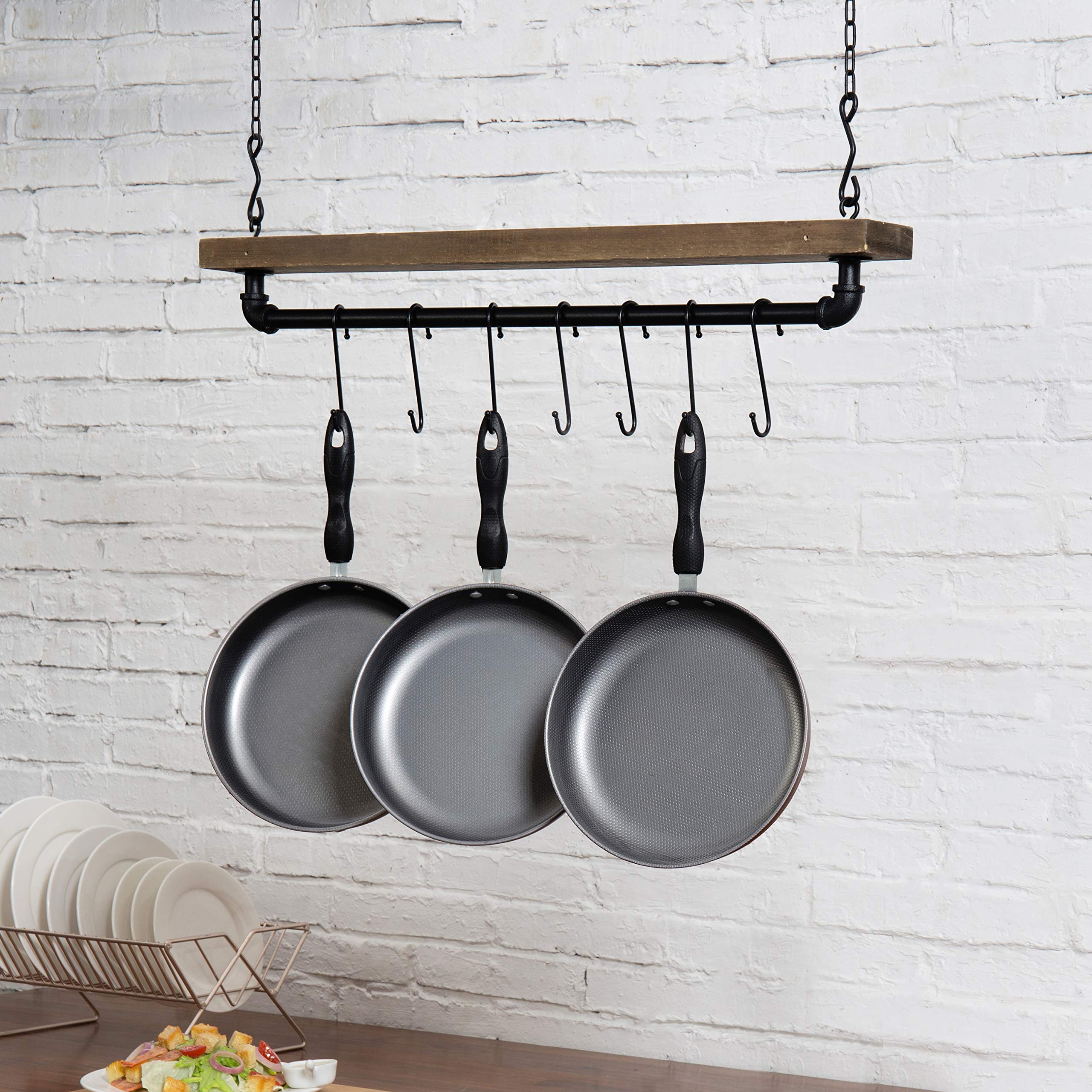 MyGift Ceiling or Wall Mounted Pot Rack with Rustic Brown Solid Wood Shelf and Industrial Matte Black Metal Pipe, Hanging Cookware Utensils Organizer with 8 S-Hooks