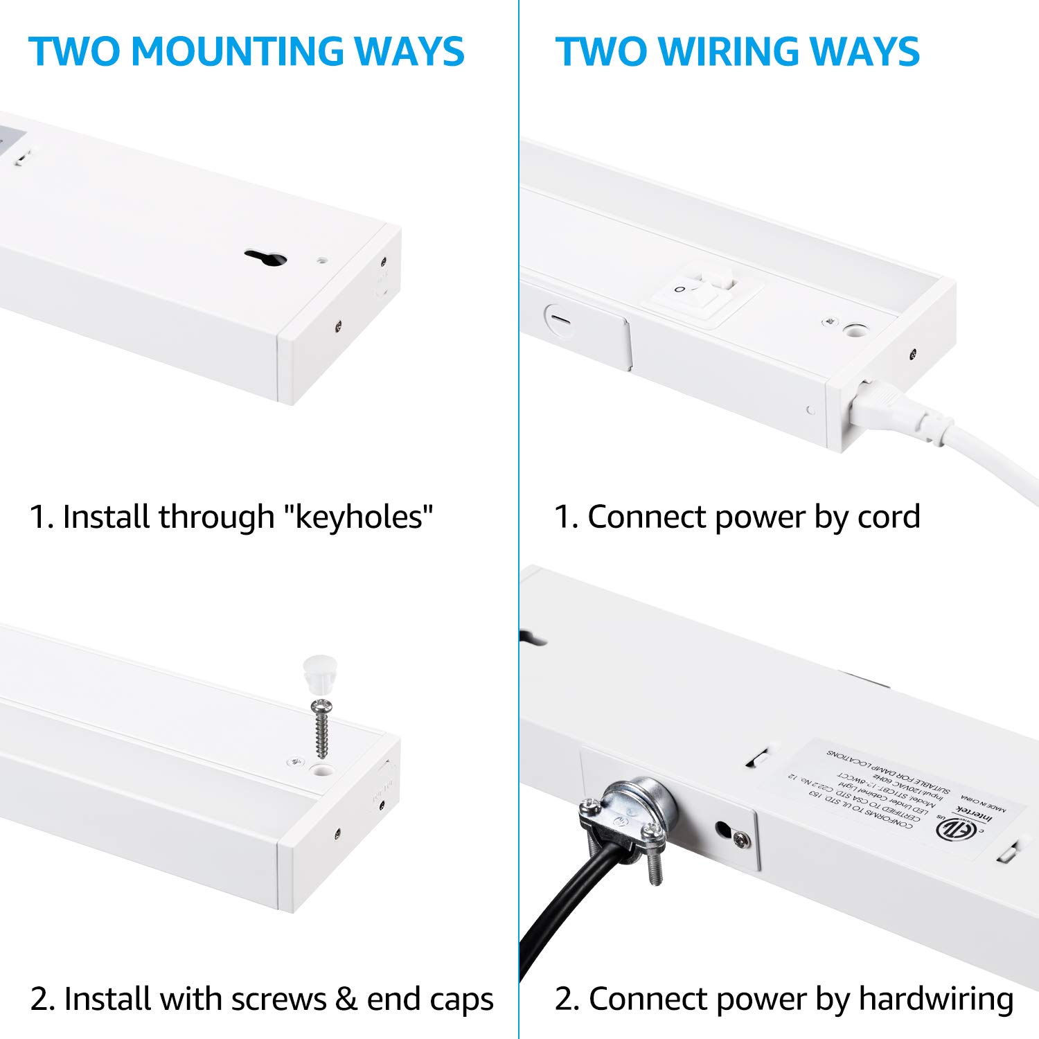 TORCHSTAR LED Under Cabinet Lighting 3CCT, 12 Inch 8W 540LM, Hardwired & Plug-in, 3 Color Selectable CRI90 120V ES ETL Listed Dimmable Under Counter Lights for Kitchen, White Aluminum Housing, 2 Pack