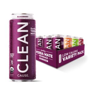clean cause low calorie variety pack sparkling yerba mate tea, 160mg caffeine, organic, low sugar, healthy alternative to energy drinks (16oz cans, 12-pack case)