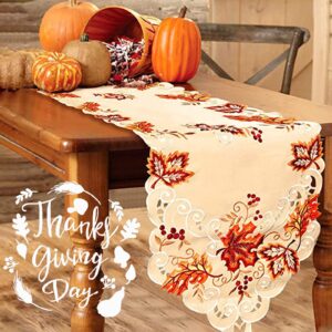 ourwarm thanksgiving table runner, handmade embroidered maple leaves fall table runner 67 inches long for autumn harvest thanksgiving table decorations,15 x 67 inch