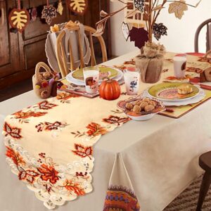 OurWarm Thanksgiving Table Runner, Handmade Embroidered Maple Leaves Fall Table Runner 67 Inches Long for Autumn Harvest Thanksgiving Table Decorations,15 x 67 Inch