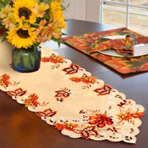 OurWarm Thanksgiving Table Runner, Handmade Embroidered Maple Leaves Fall Table Runner 67 Inches Long for Autumn Harvest Thanksgiving Table Decorations,15 x 67 Inch