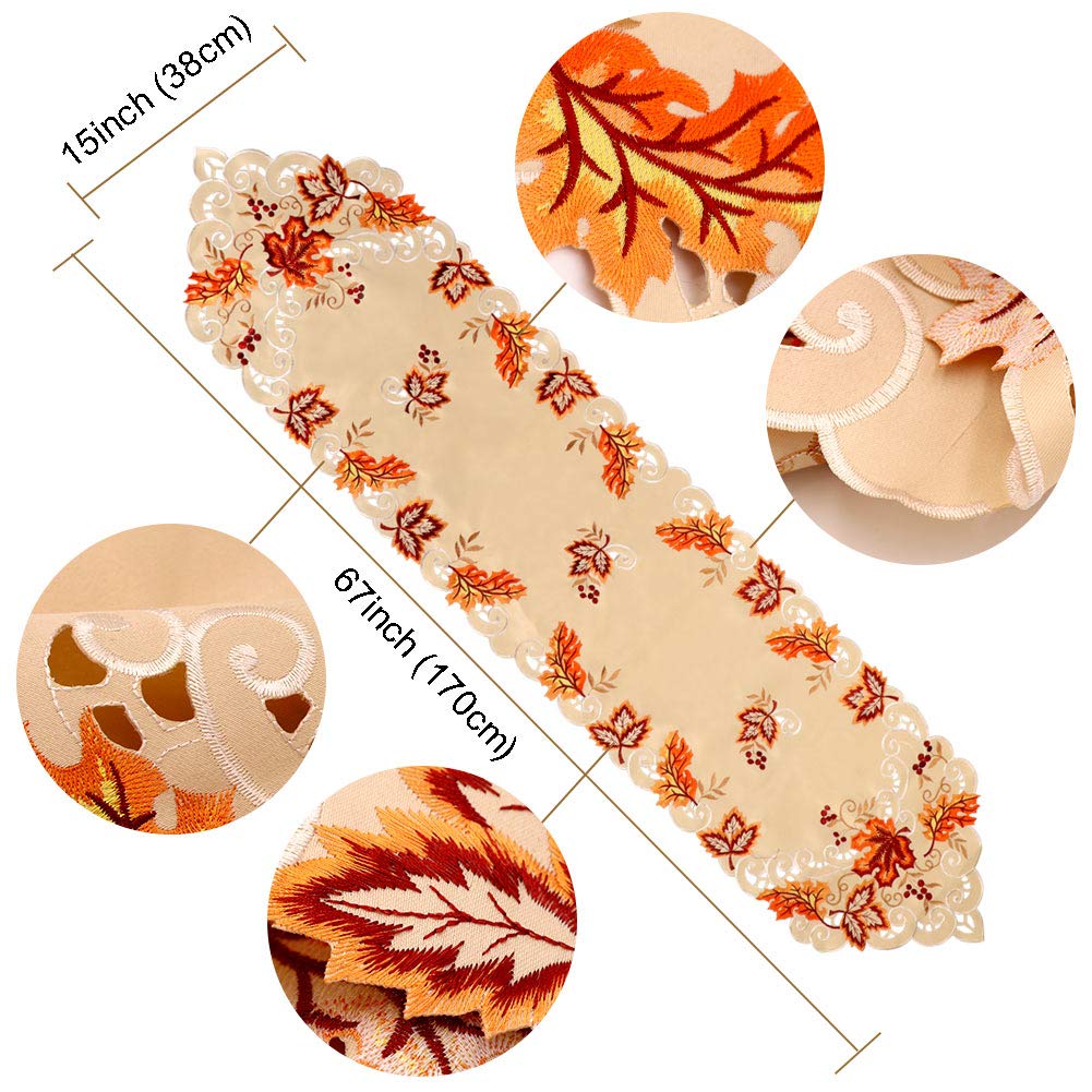 OurWarm Thanksgiving Table Runner, Handmade Embroidered Maple Leaves Fall Table Runner 67 Inches Long for Autumn Harvest Thanksgiving Table Decorations,15 x 67 Inch