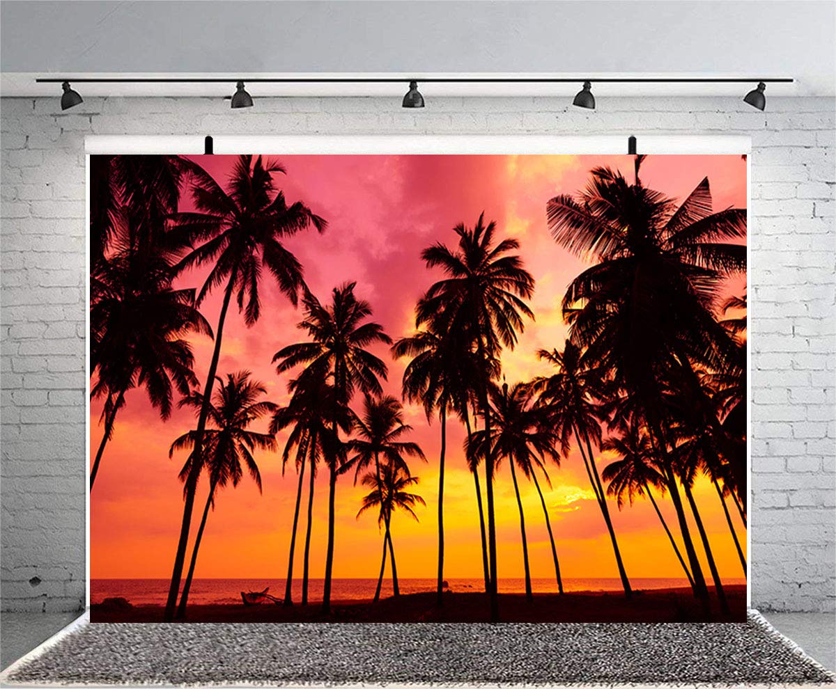 Sensfun 7x5ft Summer Seaside Sunset Photography Backdrop Vinyl Palm Trees Silhouettes on Tropical Beach Photo Background for Baby Shower Happy Birthday Party Children Photo Studio Props(WP125)