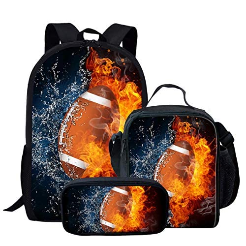 Sannovo Fire Water Football Designs Backpack Set 3 Piece School Bags for Teen Boys Lunch Bags Pen Holder