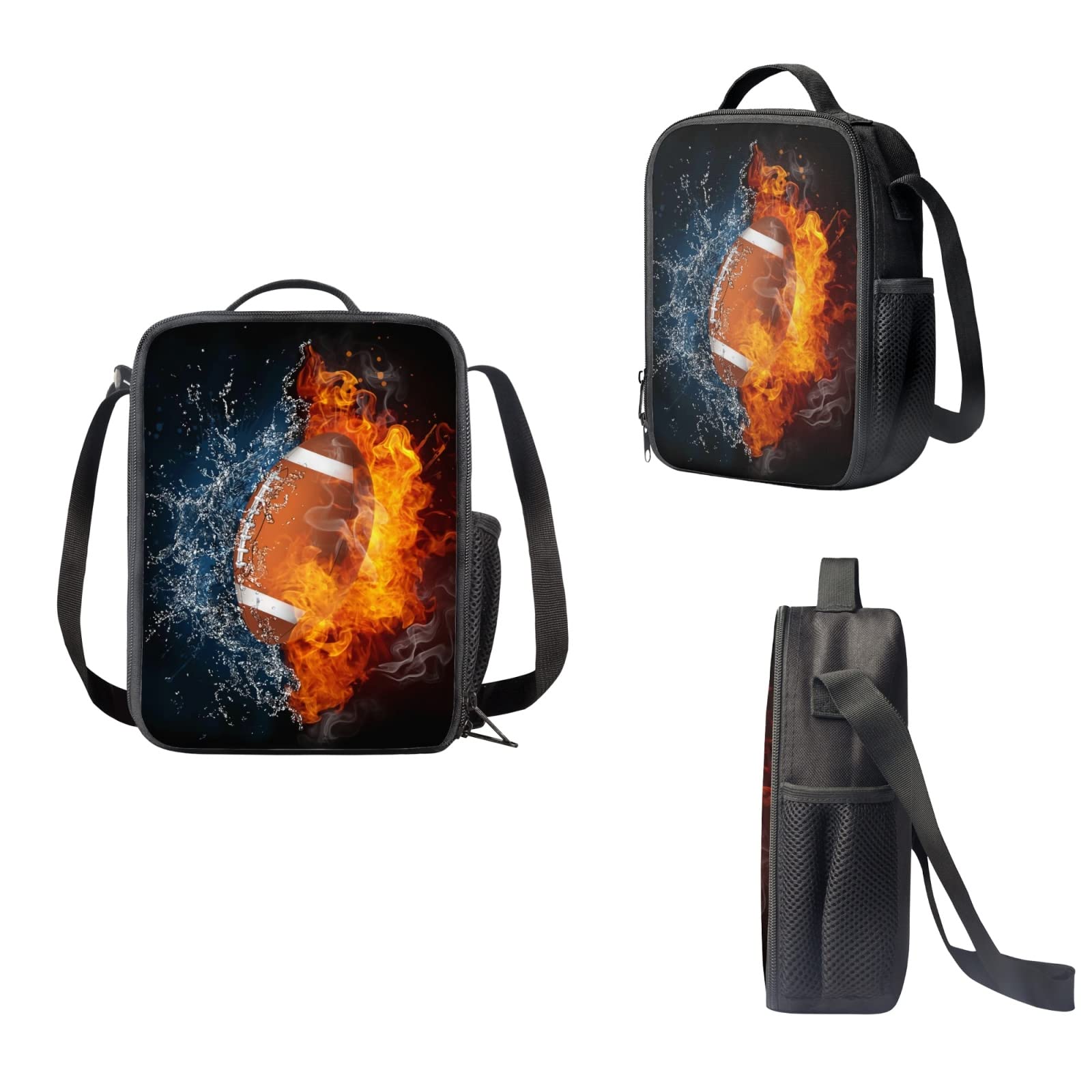 Sannovo Fire Water Football Designs Backpack Set 3 Piece School Bags for Teen Boys Lunch Bags Pen Holder