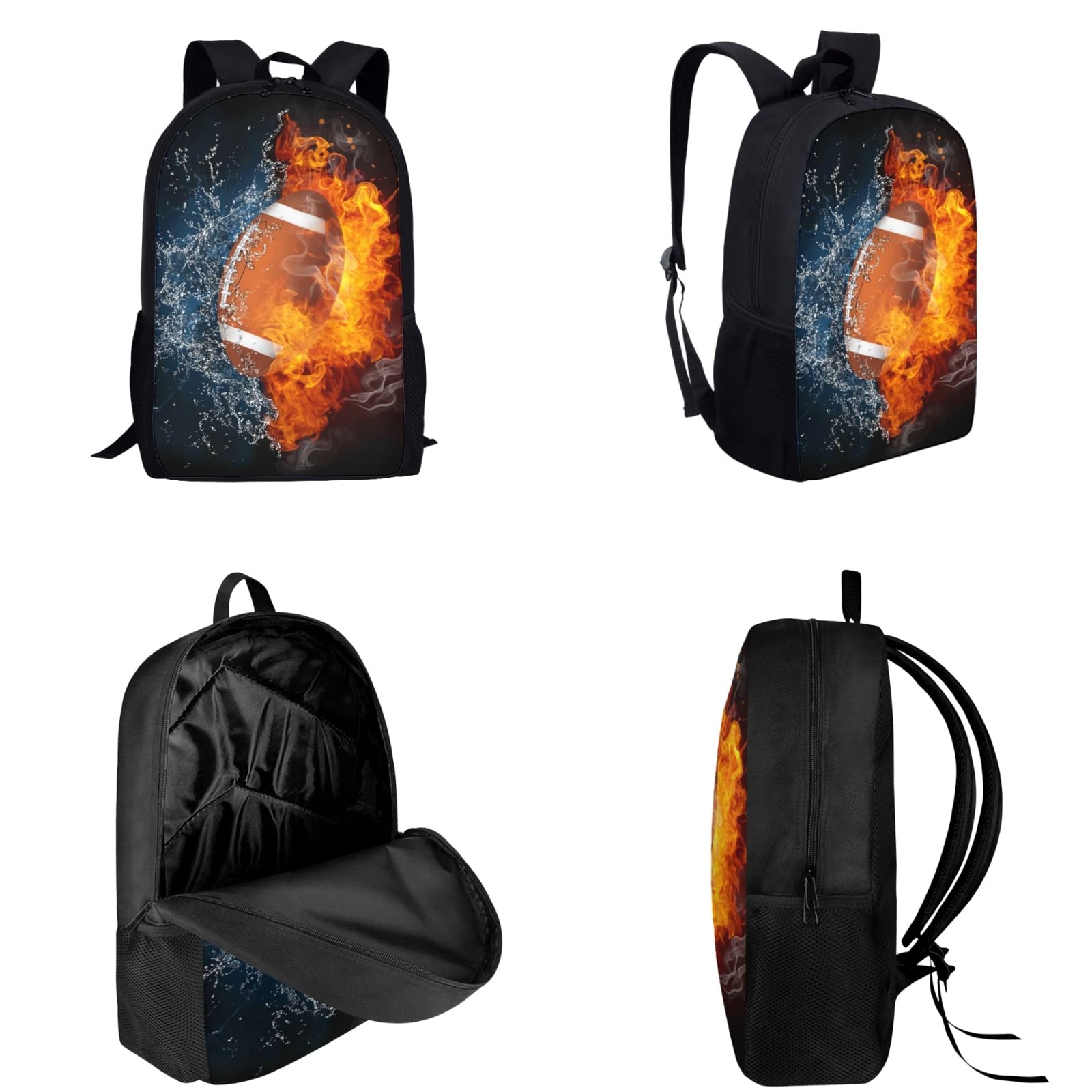 Sannovo Fire Water Football Designs Backpack Set 3 Piece School Bags for Teen Boys Lunch Bags Pen Holder