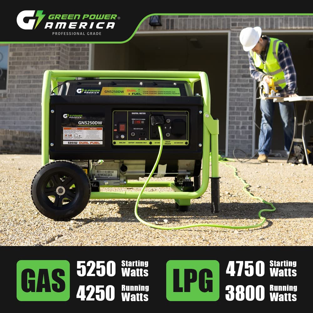 Green-Power America Portable Generator 5250 Watt Gasoline Powered, Manual Start, 12V-8.3A Charging Outlets, Home Back Up & RV Ready GN5250dw