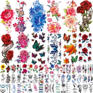 82 sheets flowers temporary tattoos stickers, roses, butterflies and multi-colored mixed style body art temporary tattoos for women, girls or kids