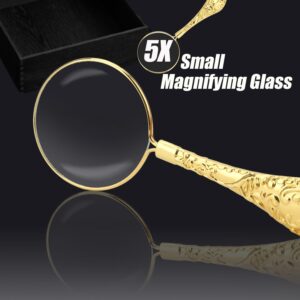 Rongon Small Magnifying Glass Handheld Magnifiers, 5X 45MM Gold Handle Loupe Magnifiers for Close Work, Reading Hobbies, Science, Inspection and Crafts