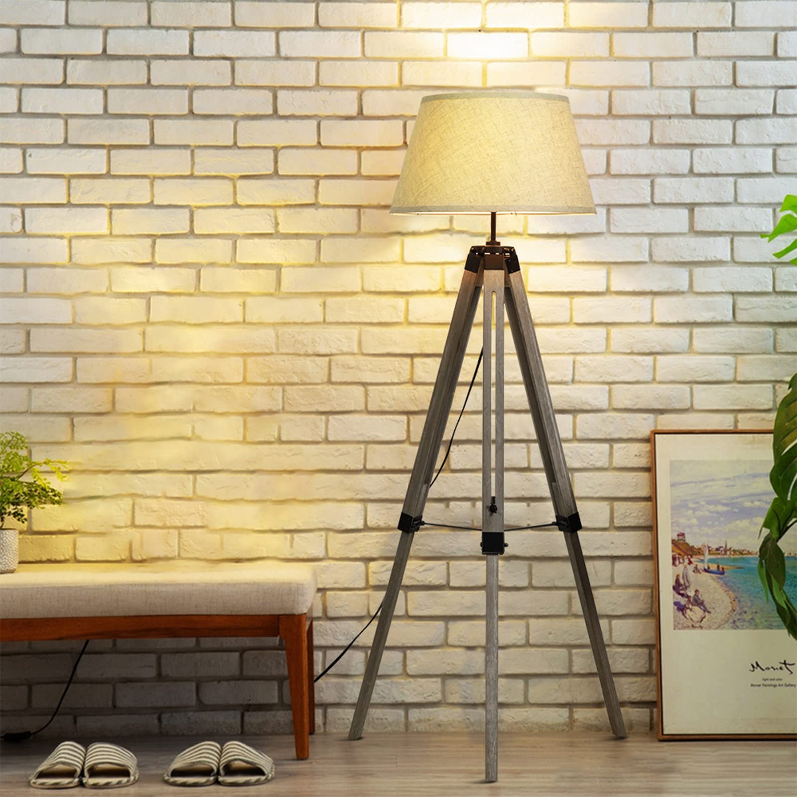 DINGLILIGHTING Led Tripod Floor Lamp Wood Mid Century Modern Reading Lamp,8W Rustic Standing Lamps Farmhouse for Living Room Bedroom Study Room and Office,Flaxen Lamp Shade with E26 Lamp Base