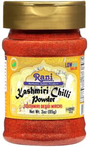 rani kashmiri chilli powder (deggi mirch, low heat) ground indian spice 85g pet jar ~ all natural | salt-free | vegan | kosher | gluten friendly | perfect for deviled eggs & other low heat dishes