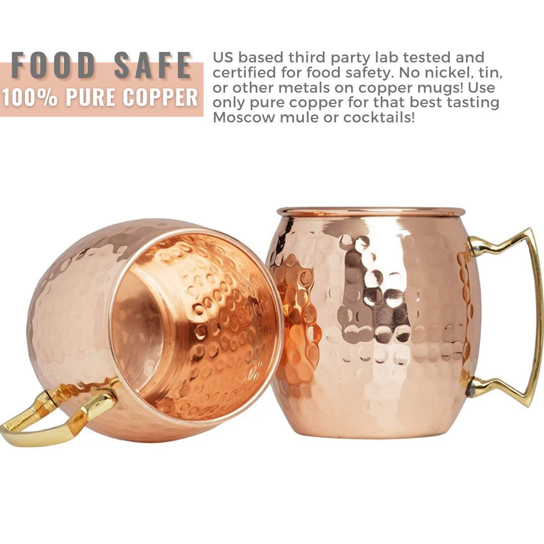 Kitchen Science [Gift Set] Moscow Mule Copper Mugs Set of 8 (16oz) w/Straws & Jigger | 100% Pure Copper Cups, Tarnish-Resistant Food Grade Lacquered Finish, Ergonomic Handle (No Rivet) w/Solid Grip