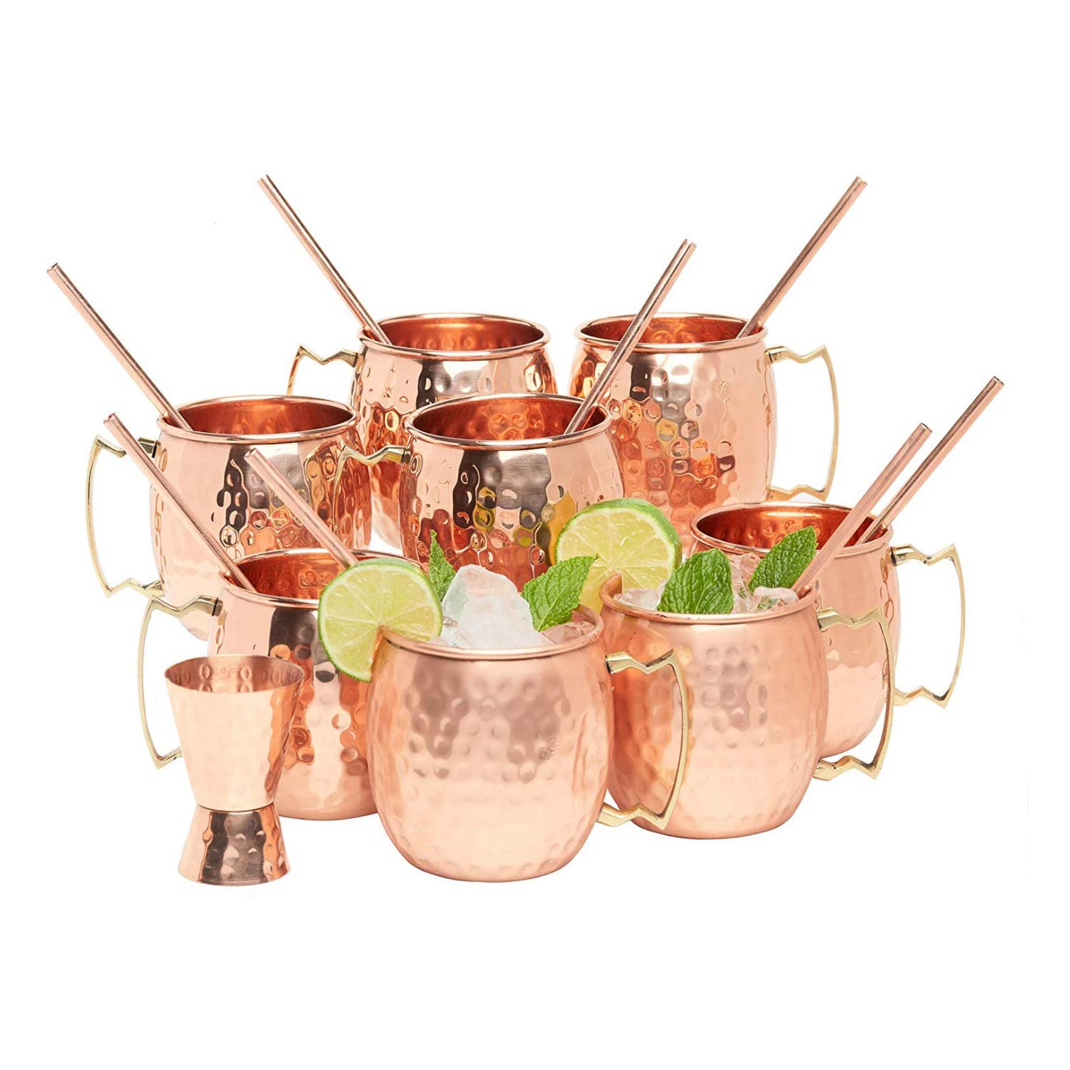 Kitchen Science [Gift Set] Moscow Mule Copper Mugs Set of 8 (16oz) w/Straws & Jigger | 100% Pure Copper Cups, Tarnish-Resistant Food Grade Lacquered Finish, Ergonomic Handle (No Rivet) w/Solid Grip