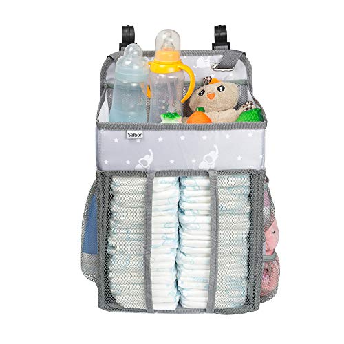 Selbor Baby Nursery Organizer and Diaper Caddy, Hanging Diaper Stacker Storage for Changing Table, Crib, Playard Wall - Baby Shower Gifts for Newborn Boys Girls (Star Elephant, Bottle Cooler Included)