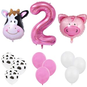 inby 18pcs farm animal balloon for 2nd birthday party decorations pig cow head second farm animal theme balloon garland arch 40" number 2 foil balloon 12" latex balloon baby girl shower party supplies