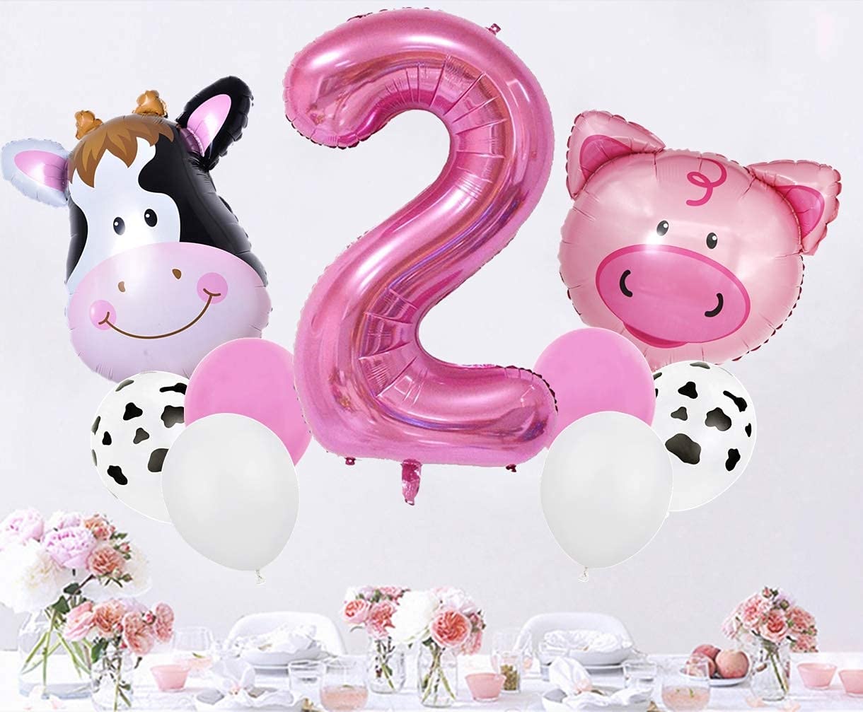 InBy 18pcs Farm Animal Balloon for 2nd Birthday Party Decorations Pig Cow Head Second Farm Animal Theme Balloon Garland Arch 40" Number 2 Foil Balloon 12" Latex Balloon Baby Girl Shower Party Supplies