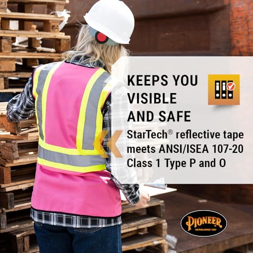 Pioneer Safety Vest for Women with Pockets - Hi-Vis Reflective Tape - for Construction - Pink