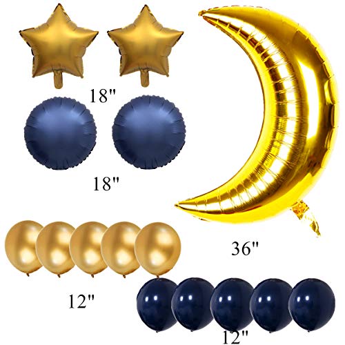 InBy 15pcs Navy Blue and Gold Moon Balloon Sky Night Moon Star Theme Balloon Party Decoration Baby Boy Girl Shower Wedding Birthday 36" Moon Foil Mylar Balloon 18" Start Balloon 12" Latex Balloon Kit