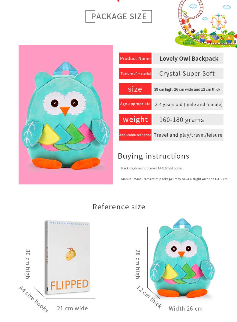 KTKA Cute Toddler Backpack Stuffed Cartoon Animal Mini Schoolbag For Boys And Girls (Blue owl)