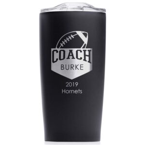lifetime creations engraved personalized football coach tumbler - custom football coach gift, coaches coffee travel mug from team, insulated stainless steel matte black 20 ounce cup