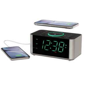 emerson smartset dual alarm clock radio and qi wireless phone charger with bluetooth, all qi compatible phones, er100202