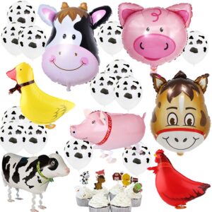 inby 43pcs farm animal balloon decoration cow chicken duck pig walking balloon for baby shower farm theme birthday party decorations suppllies cow donkey pig head mylar balloon barn animal balloons