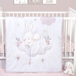 sammy & lou cottontail cloud 4-piece baby nursery crib bedding set for girls, includes quilt, fitted crib sheet, crib skirt, and plush toy