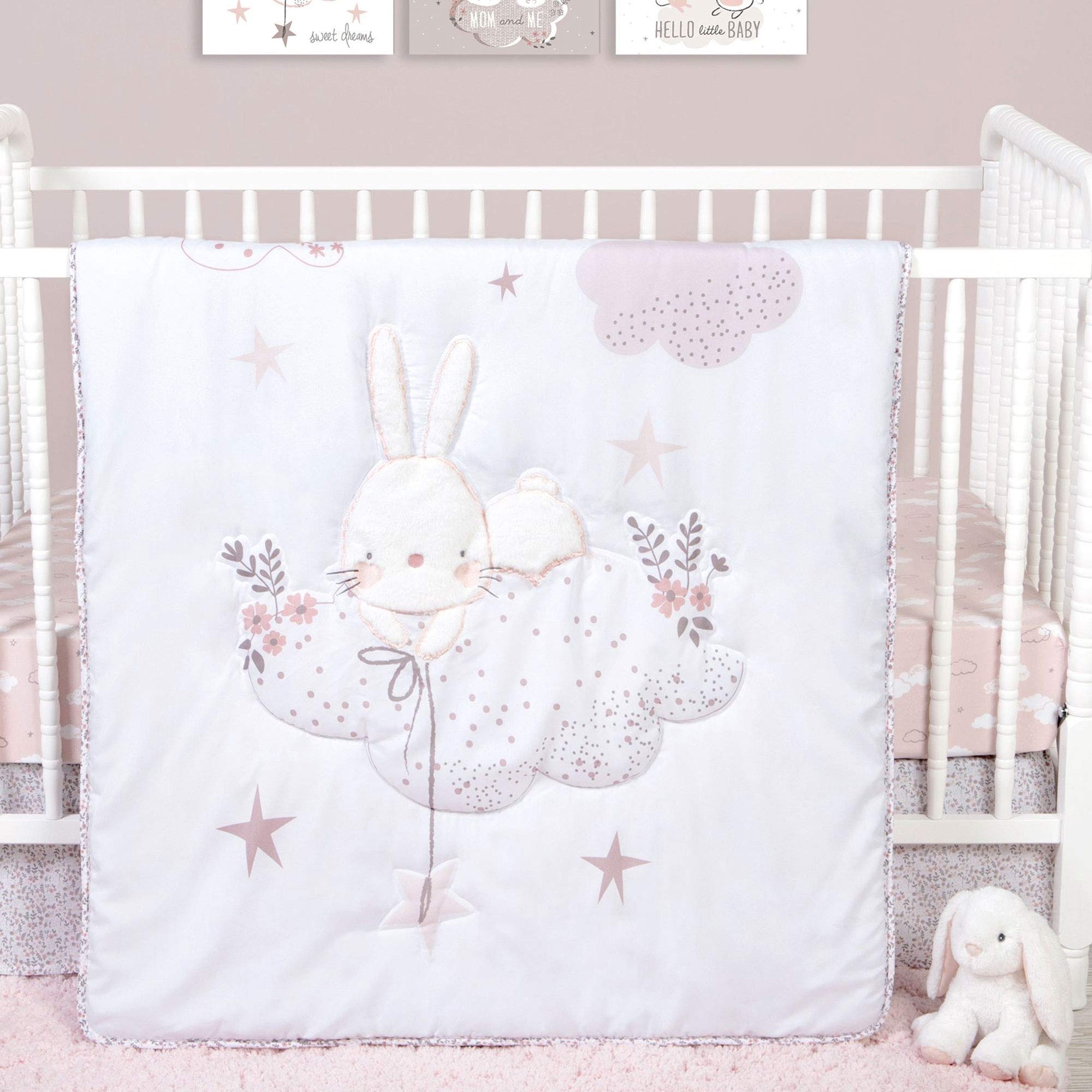 Sammy & Lou Cottontail Cloud 4-Piece Baby Nursery Crib Bedding Set for Girls, Includes Quilt, Fitted Crib Sheet, Crib Skirt, and Plush Toy